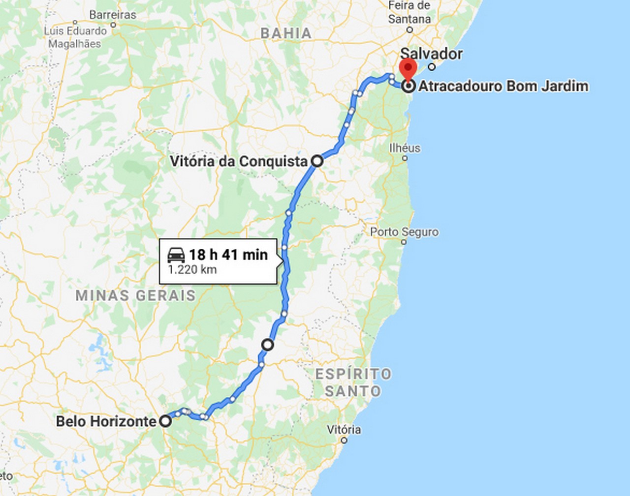Mapa do 2 ° trecho da viagem - Belo Horizonte à Valência